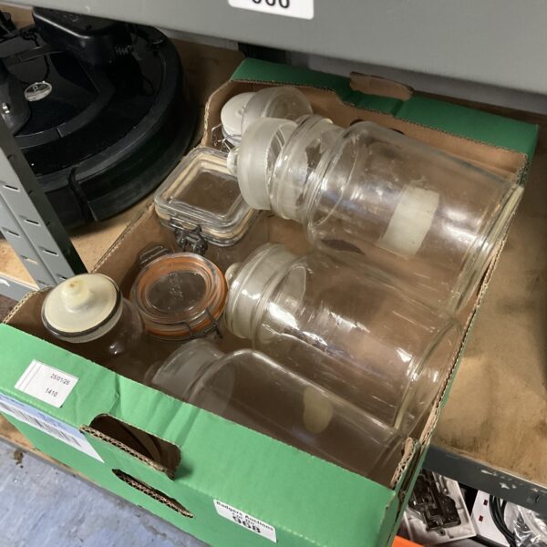 Mixed lot of vintage glass storage jars for kitchen storage.