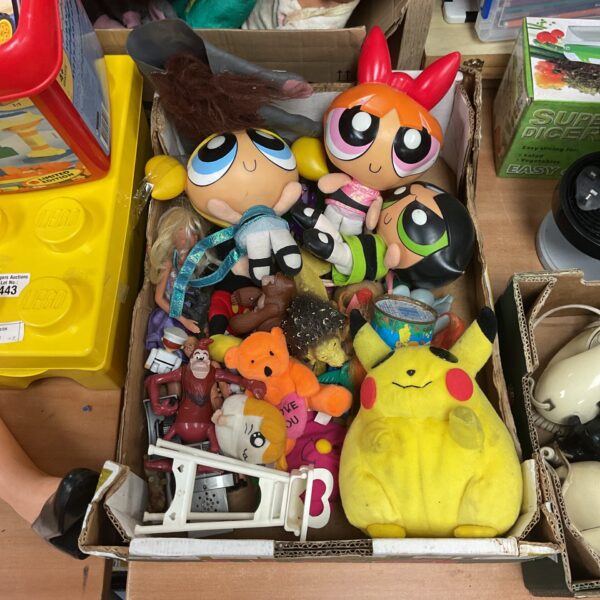 Mixed toy lot featuring Pikachu plush and Powerpuff Girls figures.