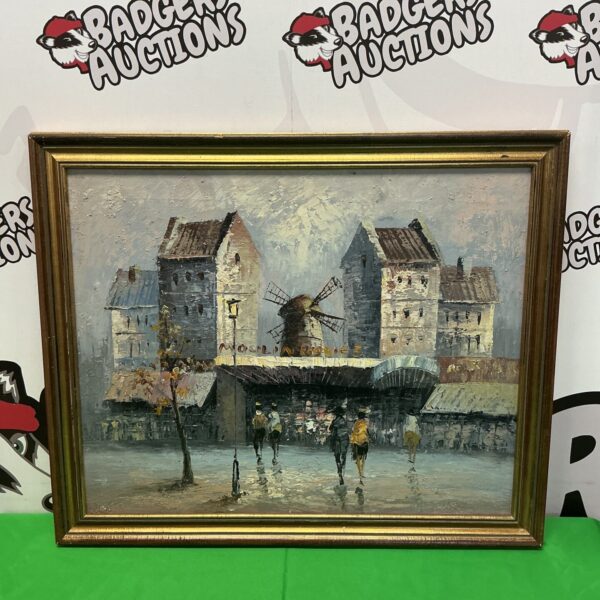 Vintage oil painting of the Moulin Rouge with a bustling Parisian street scene.