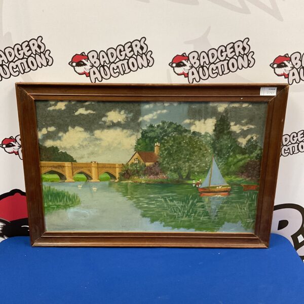 Vintage oil painting of a sailboat on a peaceful pond with swans.