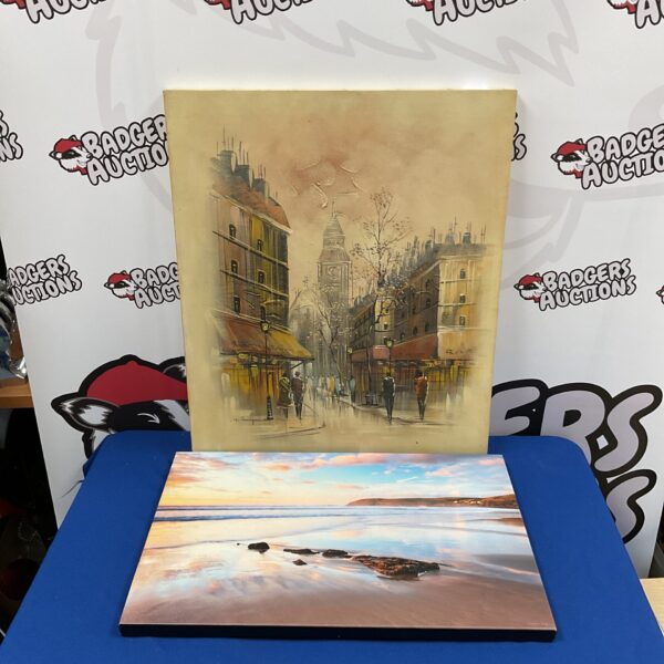 Vintage oil painting of a bustling European street scene on canvas.