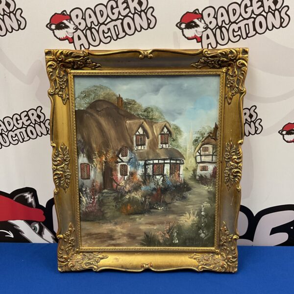 Pat Langton oil painting of a thatched English country cottage.