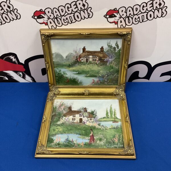 Pair of Pat Langton oil paintings depicting thatched cottages in gilt frames.