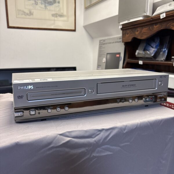 Silver Philips DVD75 VCR combo unit, vintage home entertainment.