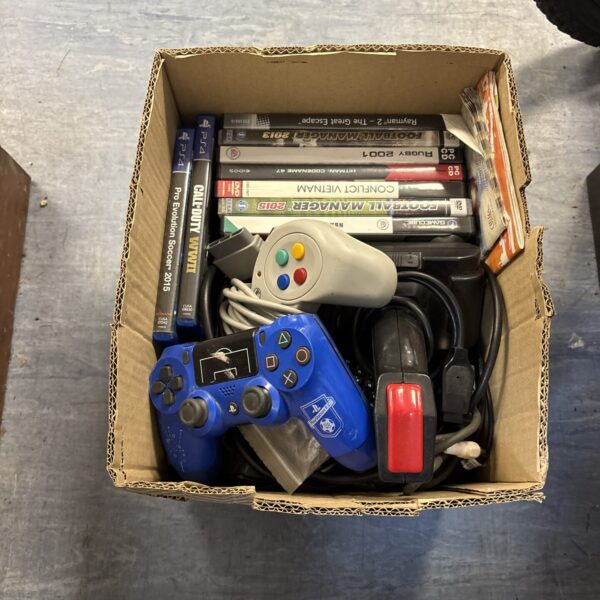 PlayStation 2 gaming bundle with controllers and game cases.