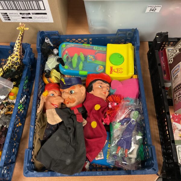 Vintage retro toy lot featuring colourful puppets and a Tomy game.