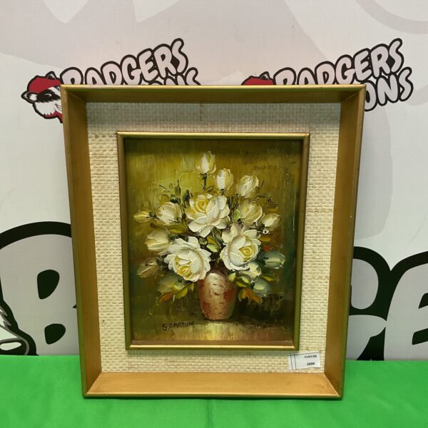 Vintage S Barton oil painting of white roses in a vase.