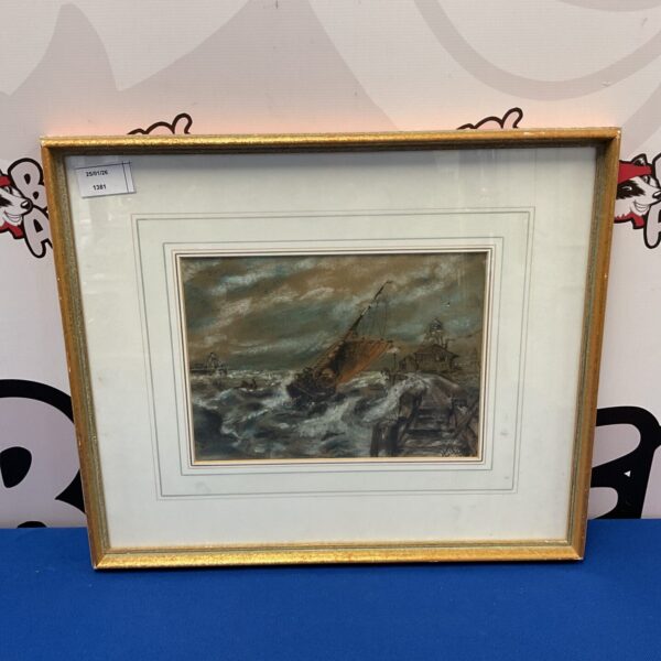 Signed Schutze pastel artwork of a stormy coastal scene with fishing boats.