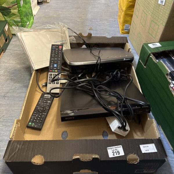 DVD player and Humax Freeview Play bundle with remotes included.