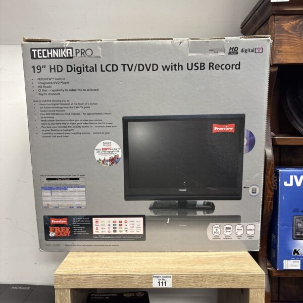 Technica Pro 19” LCD TV in original box, featuring USB recording.