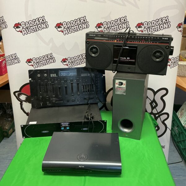 Vintage audio bundle including CD player, equaliser, radio and subwoofer.