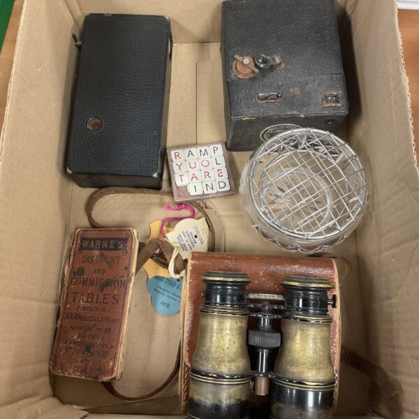 Vintage box cameras and marine binoculars in a mixed lot.