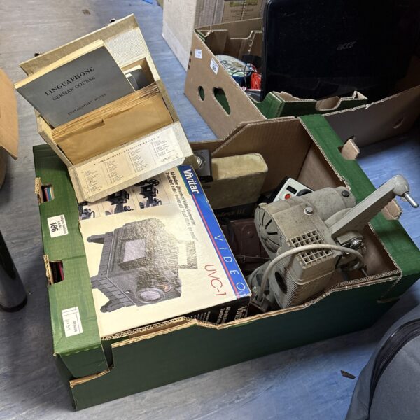 Mixed lot of vintage cameras, converter, and language course.