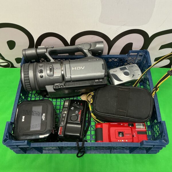 Vintage camera lot featuring Sony HDR-FX7 and Hanimex 35SF cameras.