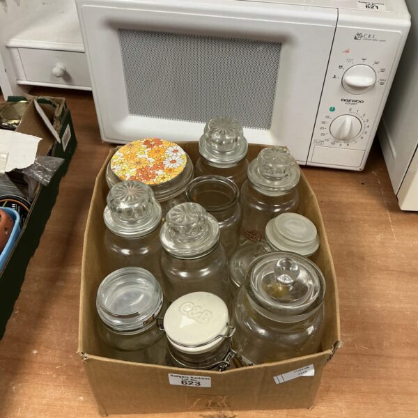 Vintage glass storage jars for kitchen pantry storage.