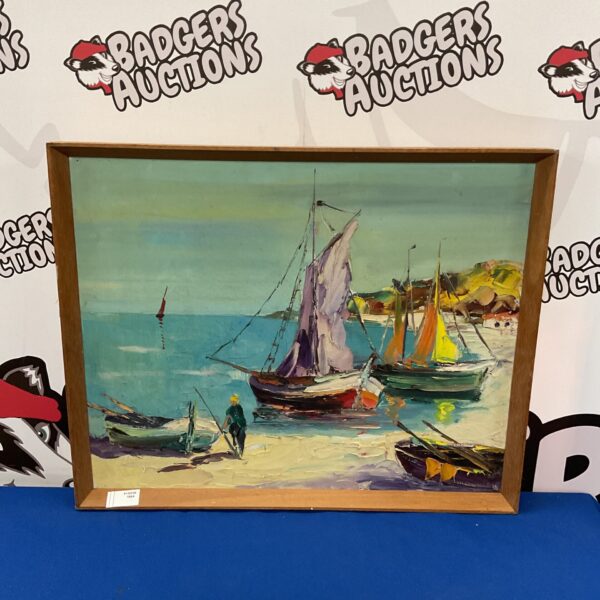 Vintage oil painting of Maud sailboats near a beach.