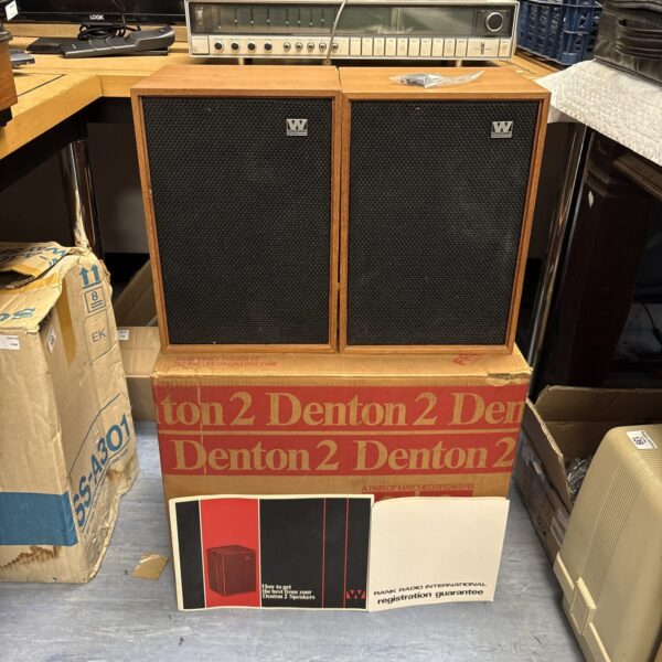 Pair of vintage Wharfedale speakers in a retro setting.