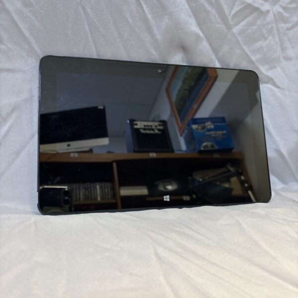 Front view of a black Windows tablet with a touchscreen display.