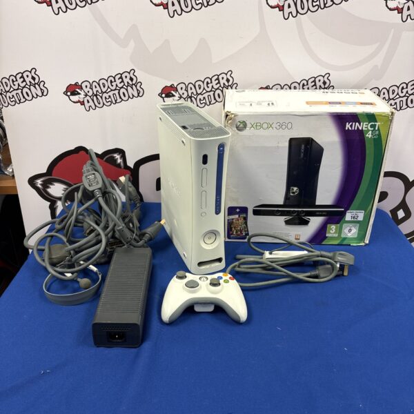 Boxed Microsoft Xbox 360 E gaming console with accessories.