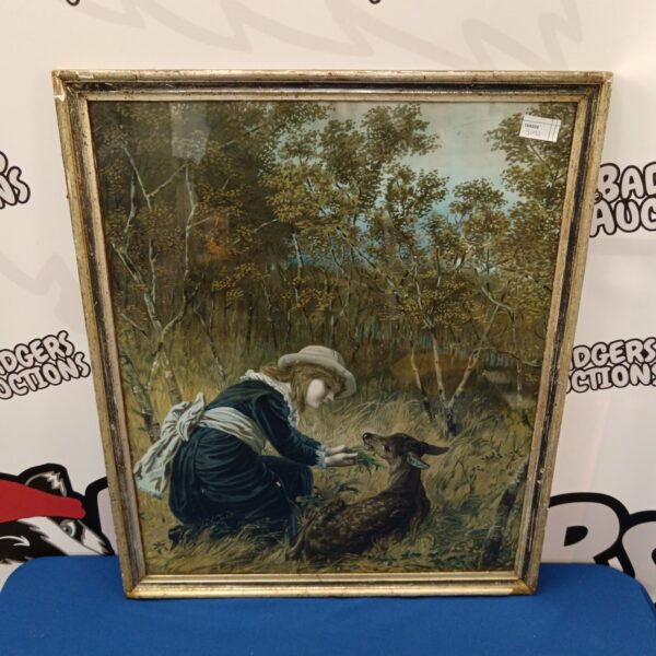 Antique 19th-century lithograph print of a girl with a fawn.