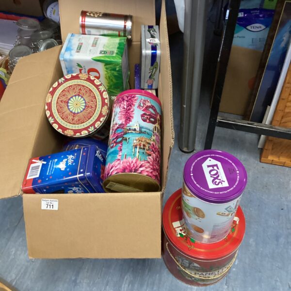 Assorted vintage tins including PG Tips and Panettone Milano.