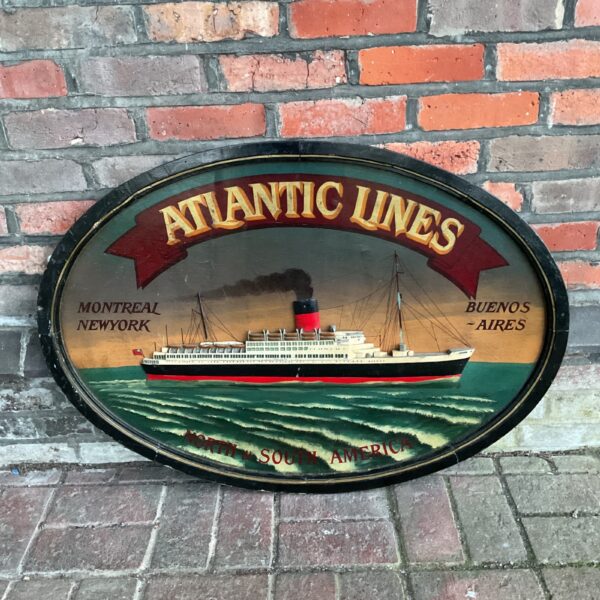 Vintage Atlantic Lines steamship sign depicting Montreal, New York, and Buenos Aires route.