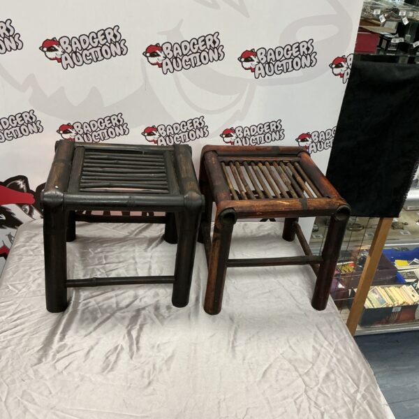Pair of vintage bamboo stools with woven seats.