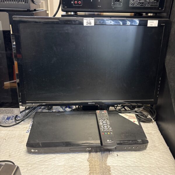 BenQ LCD monitor with LG Blu-ray player for home entertainment.