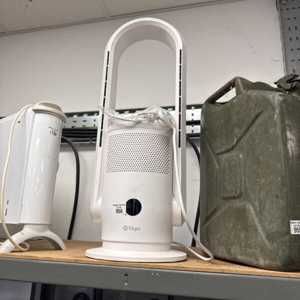 Modern Blyss pedestal fan with remote control for home cooling.