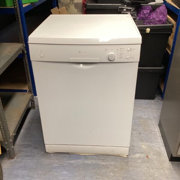 White Bosch dishwasher in a used condition, kitchen appliance.