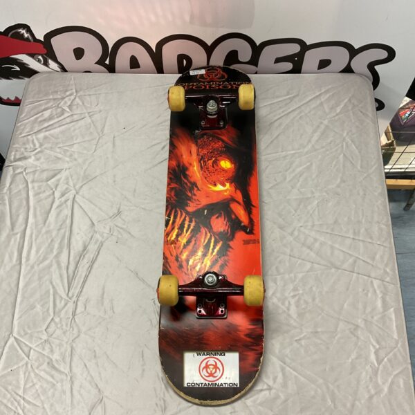 Front view of a "Contamination Poison" skateboard deck.