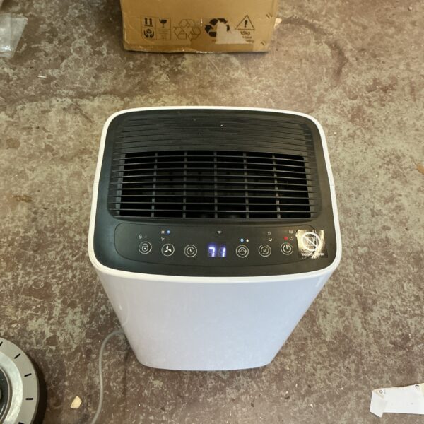 Front view of a white dehumidifier unit for moisture removal.