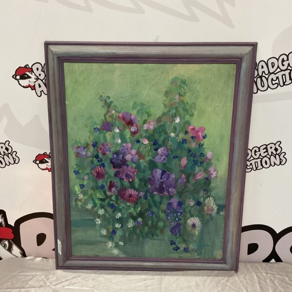 Signed Derek Johnson floral oil painting on board.