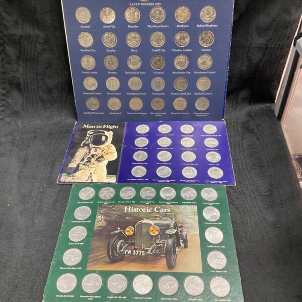 FA Cup Centenary coins featuring Man in Flight and Historic Cars themes.
