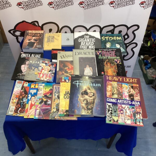 Assortment of graphic novels and comic books for collectors.