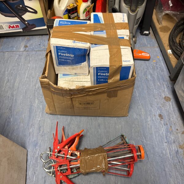 Lot of Gyproc firestrip gap sealer and silicone guns for construction.