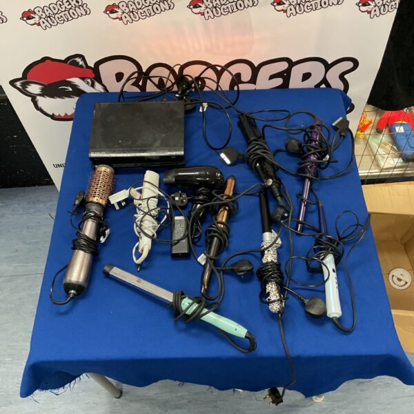 Hair styling bundle with Sony CD/DVD players and various tools.