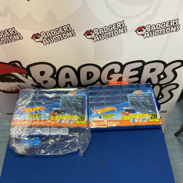 Two Hot Wheels Multibrick Car Cases for storing diecast vehicles.