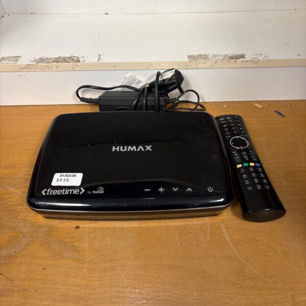 Black Humax Freetime HDR-1100S digital TV receiver with remote control.