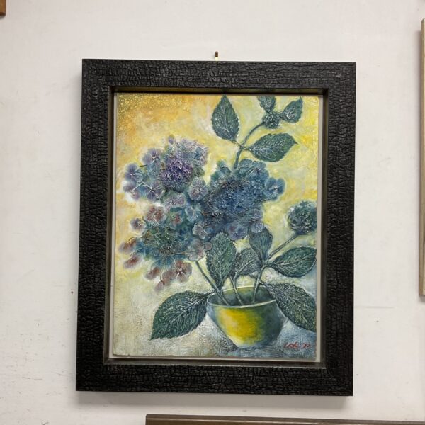 Signed impasto oil painting of a vibrant pot plant.