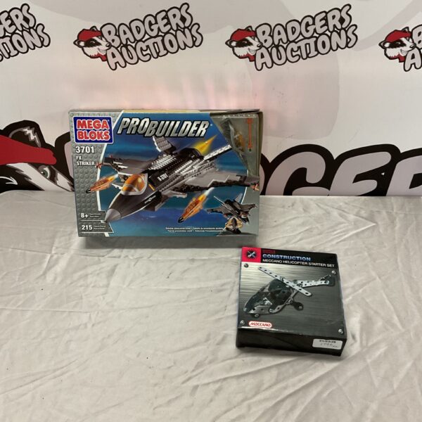 Mega Bloks ProBuilder FX Striker 9701 and Meccano Helicopter set for collectors.