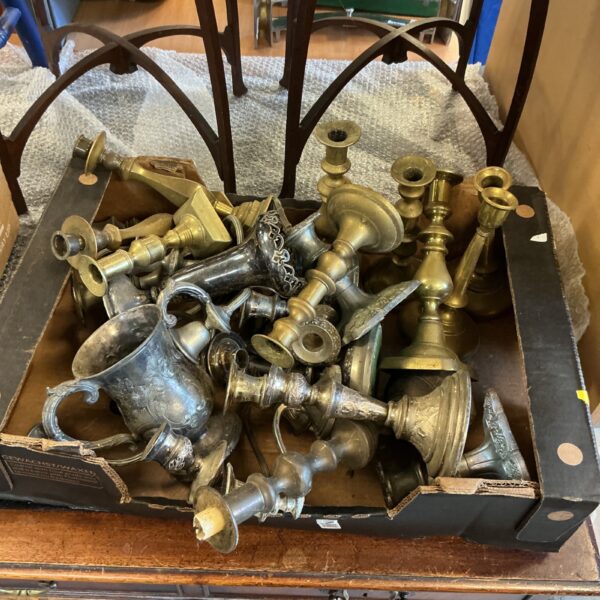 Mixed brass and silverplate lot with vintage candle holders.