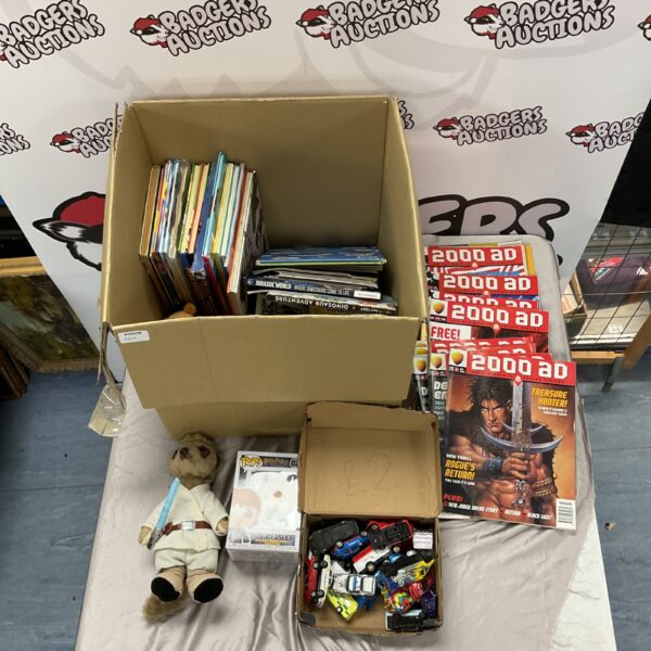 Mixed lot of annuals, comics, and collectibles on a table.