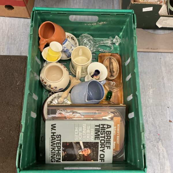 Mixed lot of books and vintage ceramics including Stephen Hawking’s book.