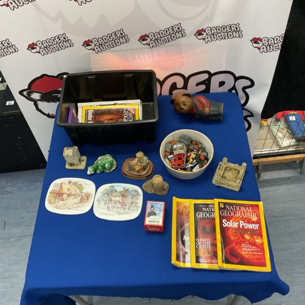 Mixed lot of vintage books, magazines, castle and bear collectible items.