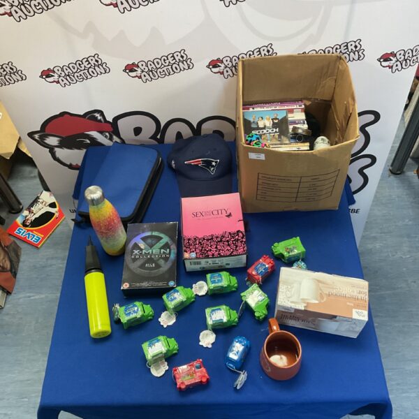 Mixed lot of collectibles including X-Men, Sex and the City, and a Patriots hat.