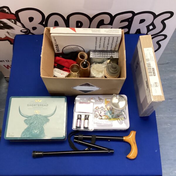 Mixed lot of vintage collectibles including a beer stein and walking stick.