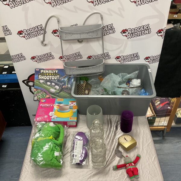 Mixed lot of vintage collectibles including glassware and a pottery wheel.