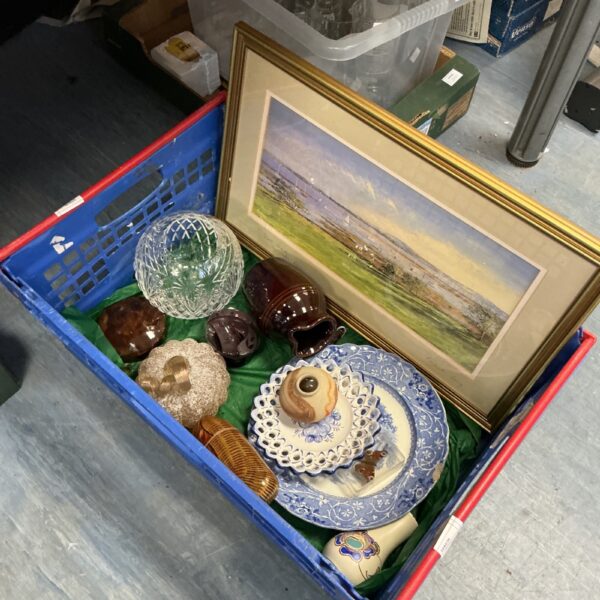 Mixed lot of collectibles including a watercolour seascape and ceramics.