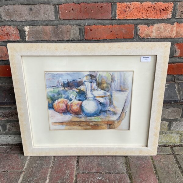 Paul Cezanne still life print featuring fruit and bottles.